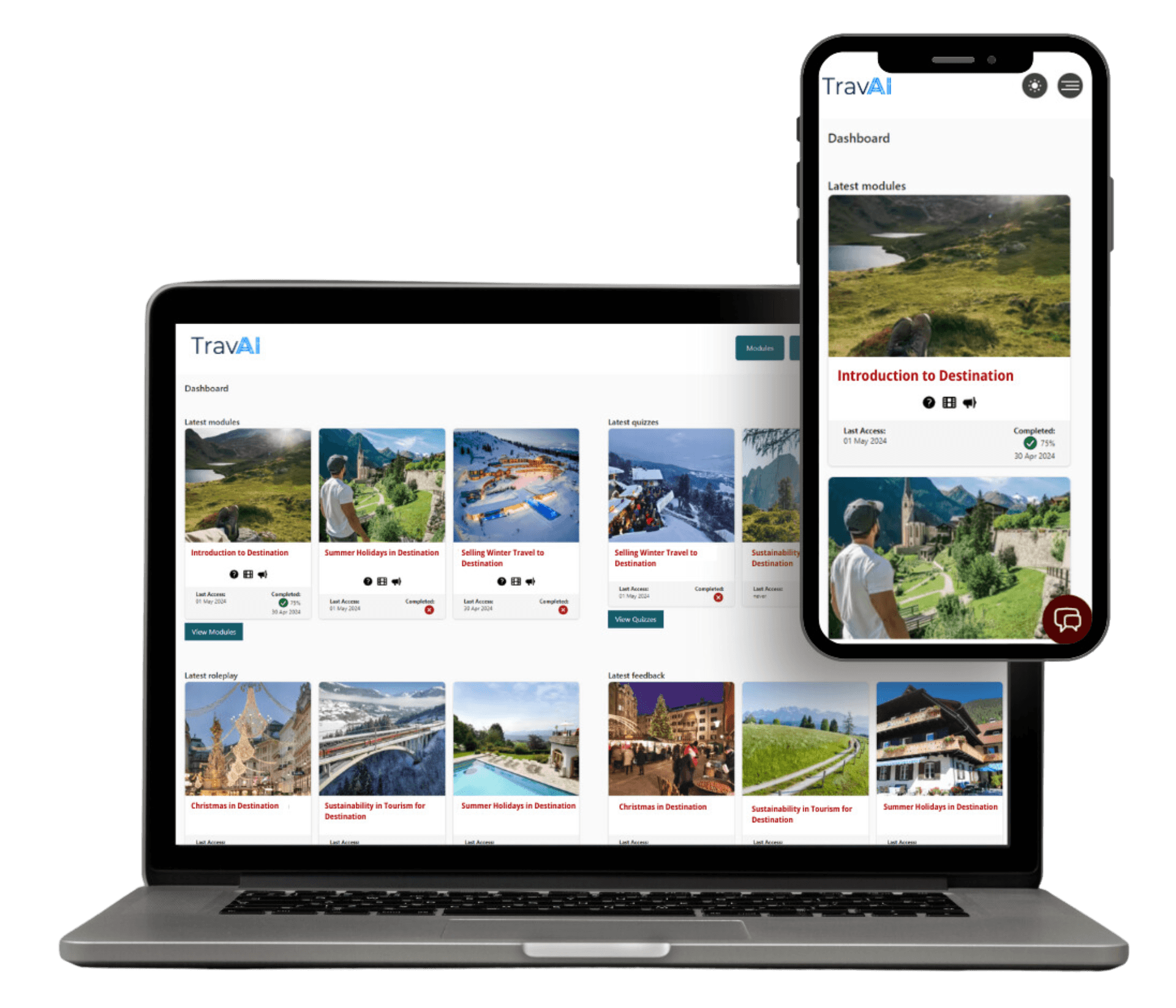 TravAI AI-powered eLearning platform interface showing interactive chat-based learning, real-time coaching, and data-driven insights for travel industry training
